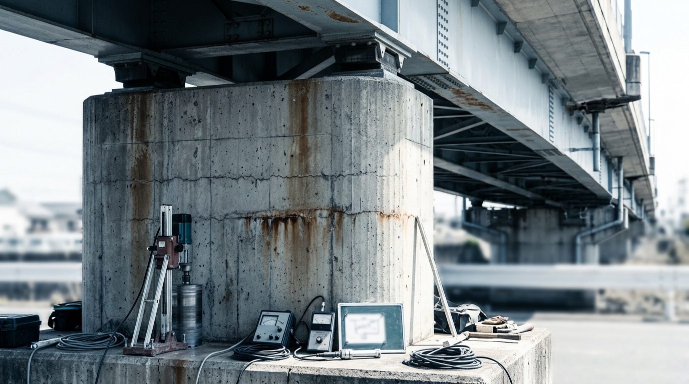 橋脚基部のひび割れと錆汁を前に、コア採取や計測の機材が置かれた屋外の橋梁調査現場