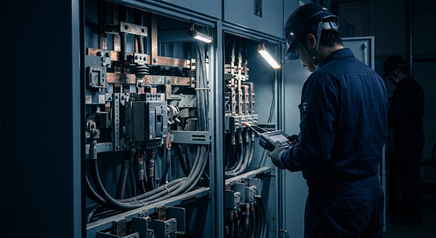 停電した受変電設備の前に絶縁抵抗計と検電器、点検記録用のクリップボードが並ぶ様子