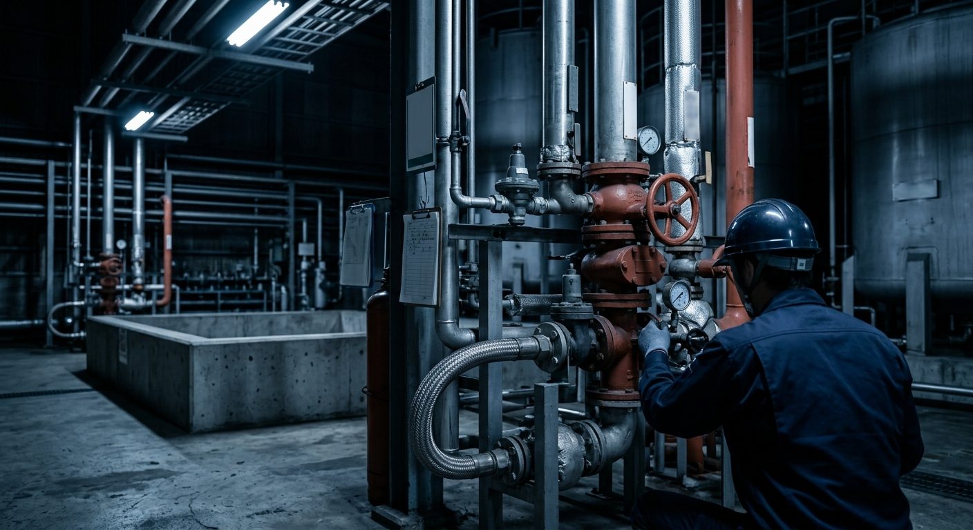 化学プラントの貯蔵タンクと配管設備が並ぶ危険物取扱い施設の現場