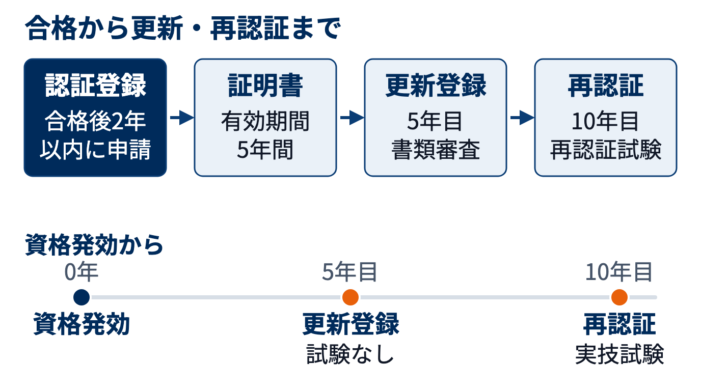 合格後の流れの図。合格後2年以内に新規認証登録し、資格証明書は5年間有効、5年目に書類で更新、10年目に実技の再認証試験を受ける