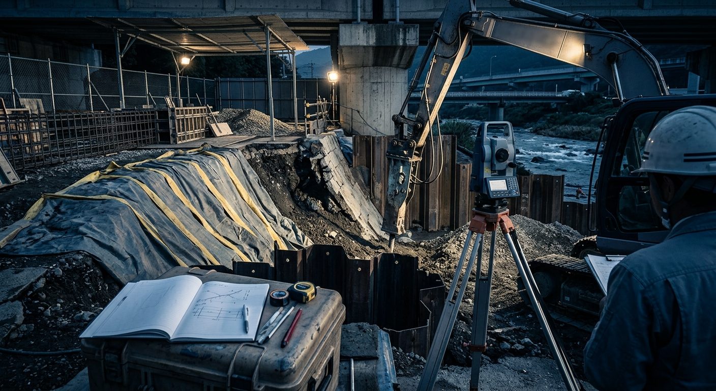 崩れた路肩と堤防に仮設防護を施した応急工事の現場、スケール板を立てた記録の様子
