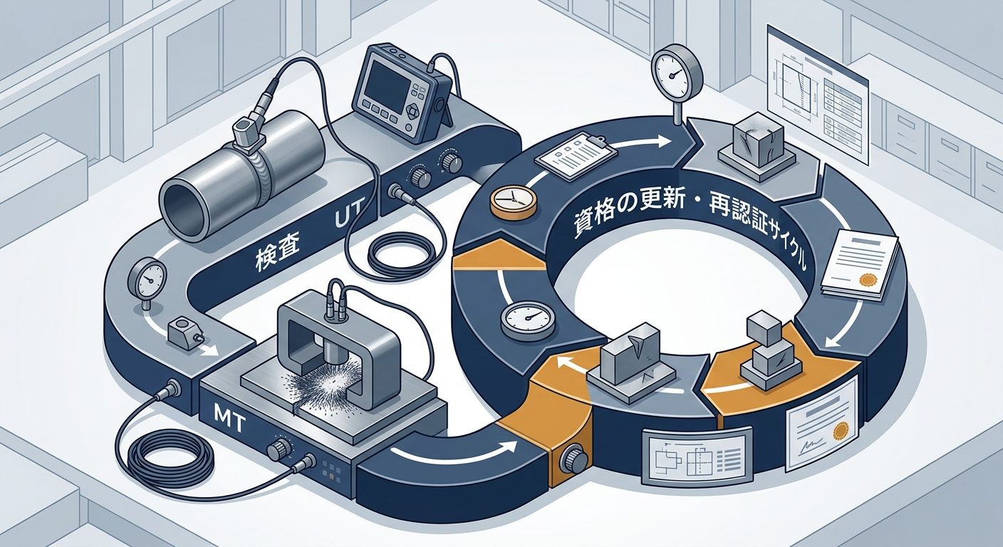 認証カードから更新審査・再認証試験へ循環する流れと、業務離脱で失効へ分岐する図