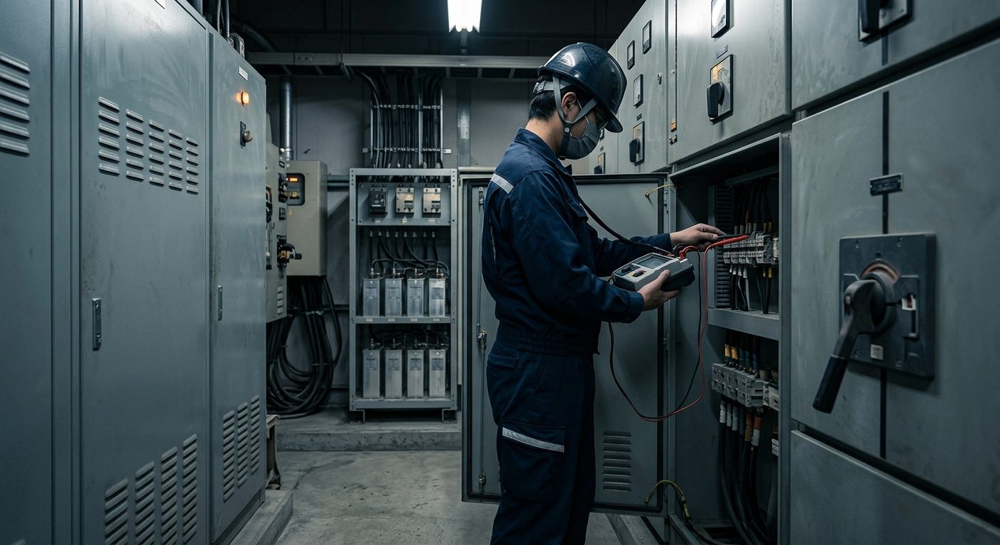 キュービクル式受変電設備の前に絶縁抵抗計と絶縁手袋を置き、停電点検に備える作業場面