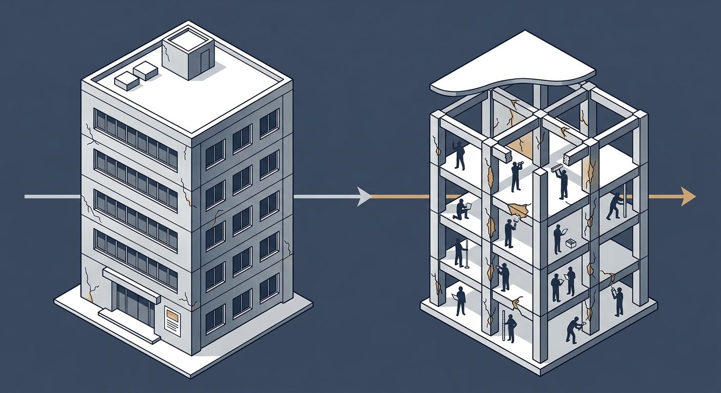 同じ建物を発災直後の外観調査と第二段階の内部調査として並べ、二つの判定の違いを示した図解