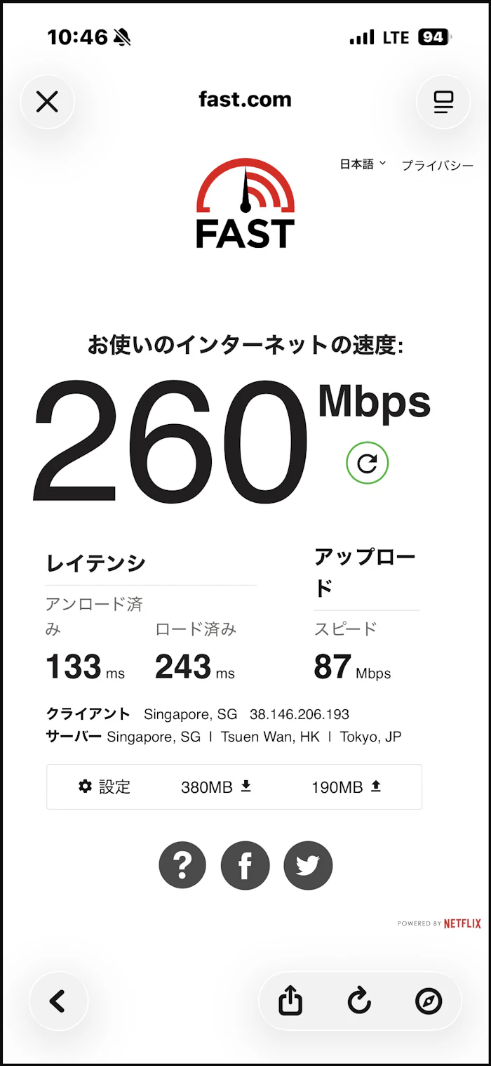 台北駅地下でのeSIM速度テスト結果 260Mbps