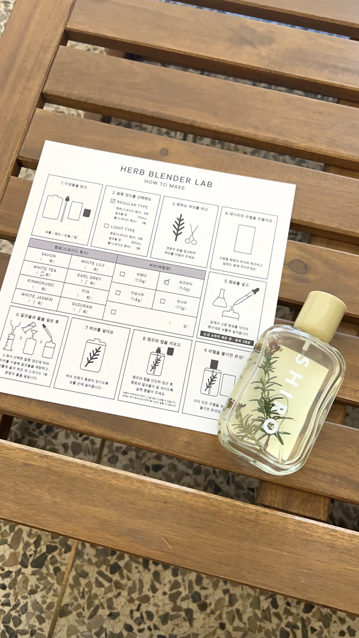 HERB BLENDER LABで完成したオリジナル香水ボトルとレシピカード