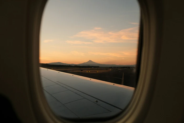 機窓から見る主翼と夕焼け