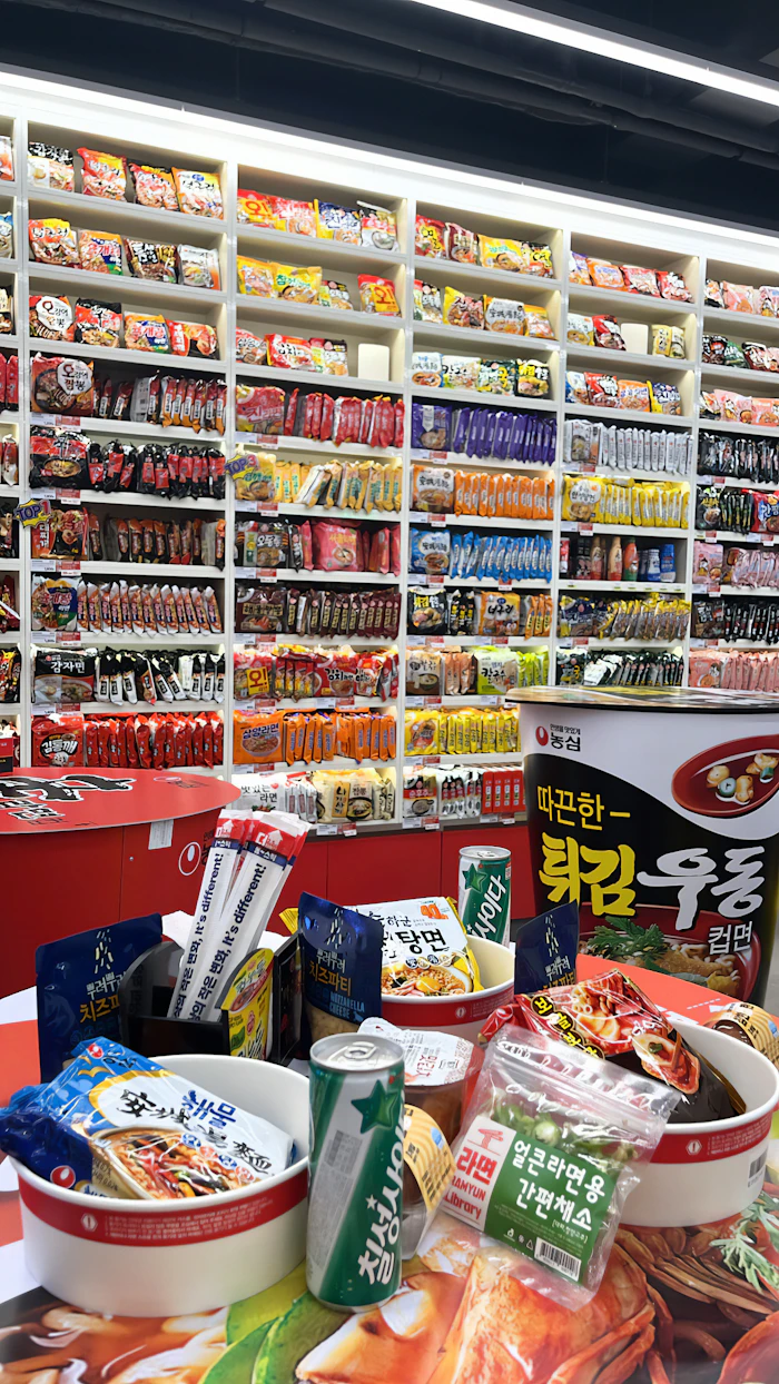 韓国コンビニの即席麺・スナック棚とイートインスペース