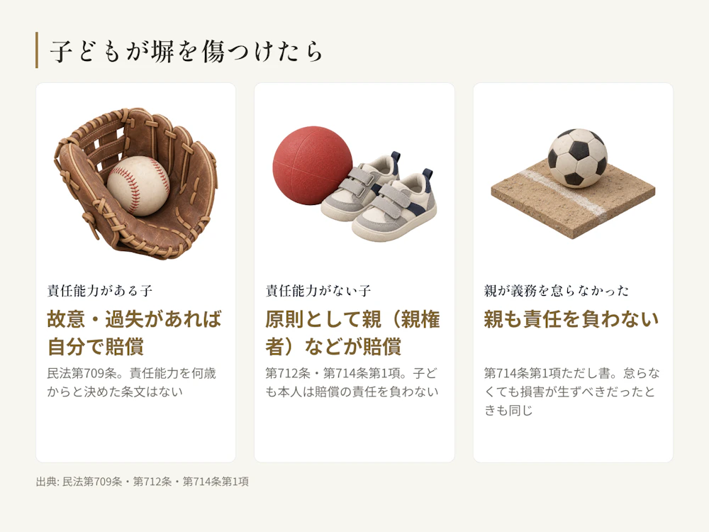 子どもが他人の塀を傷つけたときの3つの場面。責任能力がある子どもは、故意又は過失があれば自分で賠償する(民法第709条)。責任能力がない子どもは賠償の責任を負わず、原則として親(親権者)など、監督する法定の義務を負う者が賠償する(第712条・第714条第1項)。親が監督義務を怠らなかったとき、または怠らなくても損害が生ずべきであったときは、親も責任を負わない(第714条第1項ただし書)。