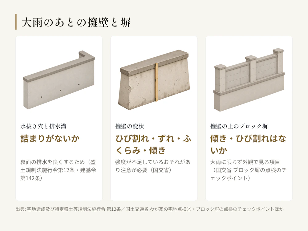 大雨のあとの擁壁と塀の点検の要点。水抜き穴と排水溝は詰まりがないかを見る。擁壁はひび割れ、ずれ、ふくらみ、傾きを見る。擁壁の上のブロック塀は傾きとひび割れを見る。国土交通省の宅地擁壁の健全度判定・予防保全対策マニュアルは、背面に盛土されたブロック塀は増積み擁壁として検討するとし、盛土されていないブロック塀の荷重が擁壁の安定性に与える影響は別途検討することが望ましいとしている。