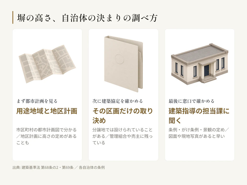 塀の高さの決まりを調べる順番。都市計画で用途地域と地区計画を見て、建築協定を確かめ、最後に窓口で確認する。