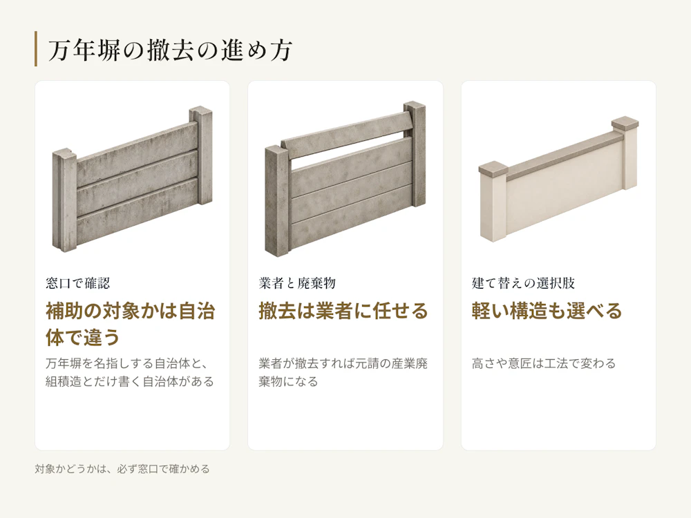 補助の対象かは自治体で違う。窓口で確かめてから、業者に依頼し、建て替えを選ぶ。