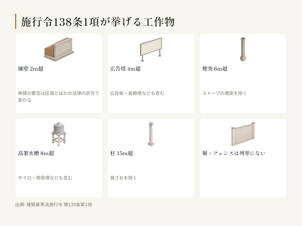 施行令第138条第1項が挙げる工作物の一覧。「2m」は擁壁の数字で、塀もフェンスも列挙にない。