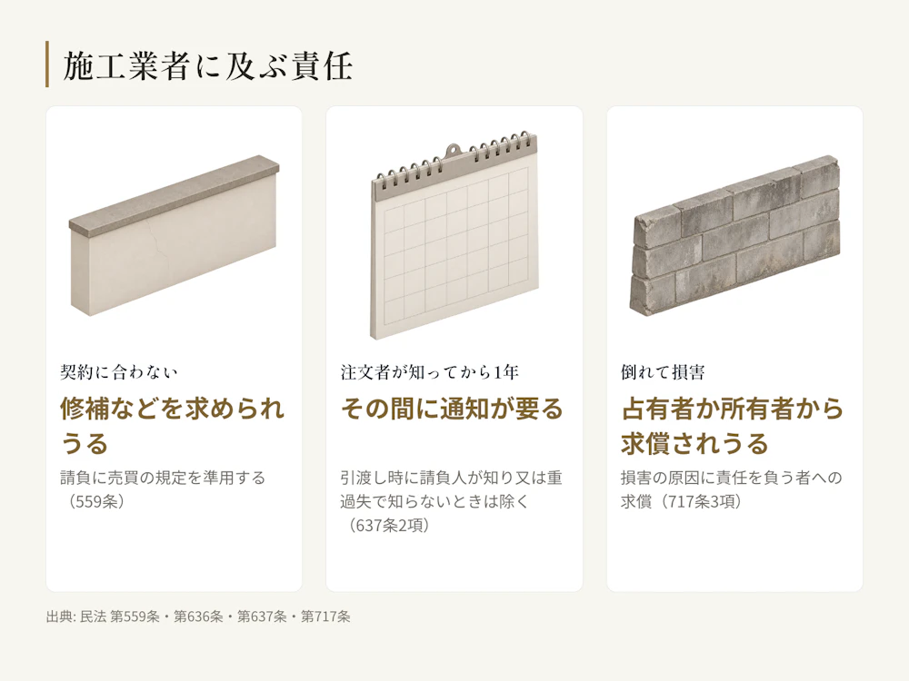 引き渡した塀の不適合は注文者との契約の責任。注文者の材料・指図によるものは、不適当と知りながら告げなかったときを除き責めを負わない。設置又は保存の瑕疵で倒れて第三者に損害が出たら、賠償するのは占有者(必要な注意をしたときは所有者)で、損害の原因について責任を負う者に求償できる。