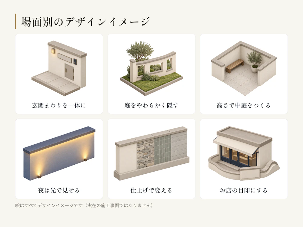場面別のデザインイメージ6つ。玄関まわりを一体に、庭をやわらかく隠す、高さで中庭をつくる、夜は光で見せる、仕上げで変える、お店の目印にする。絵はすべてデザインイメージで、実在の施工事例ではない。