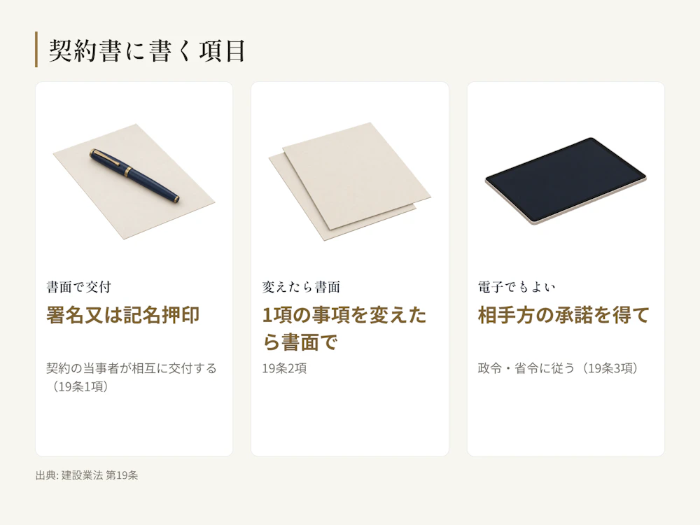 建設工事の請負契約の当事者は、契約の締結に際して建設業法19条1項の事項を書面に記載し、署名又は記名押印をして相互に交付する。契約の内容で1項の事項に当たるものを変更するときも、変更の内容を同じく書面で相互に交付する。書面に代えて、政令で定めるところにより相手方の承諾を得て、国土交通省令で定める情報通信の技術を利用する方法もとれる。