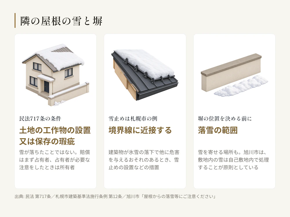 隣の屋根の雪と塀の要点。民法第717条の条件は、雪が落ちたことではなく、土地の工作物の設置又は保存に瑕疵があることによって損害が生じたことで、まず占有者、占有者が必要な注意をしたときは所有者が賠償する。札幌市建築基準法施行条例第12条は、道路境界線又は隣地境界線に近接する建築物が氷雪の落下により他に危害を与えるおそれのあるとき、雪止めの設置その他の有効な措置を求める(札幌市の決まり)。塀の位置は、屋根からの落雪の範囲と雪を寄せる場所を見て決める。旭川市は、敷地内の雪は自己敷地内で処理することが原則としている。
