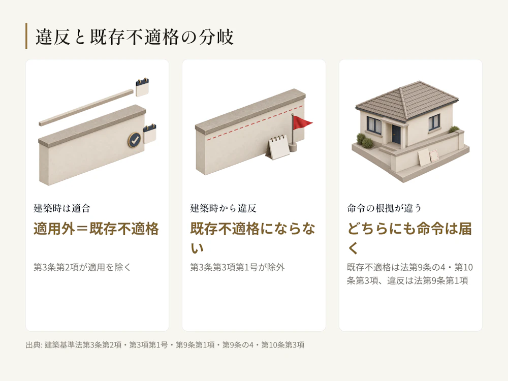 建築時に規定へ適合していれば後の改正で既存不適格になり、当時から違反していれば改正後も違反のまま。どちらにも命令は及びうる。