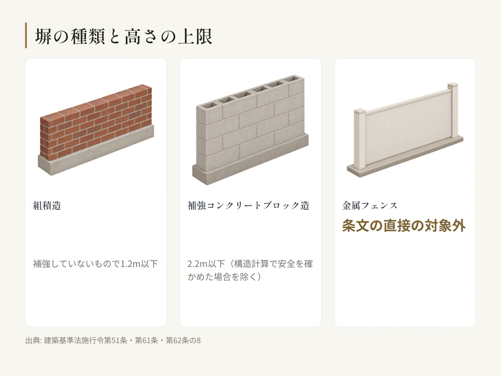 工法ごとに根拠条文も高さの上限も違う。補強コンクリートブロック造は2.2m(構造計算で安全を確かめた場合を除く)、補強していない組積造は1.2m。