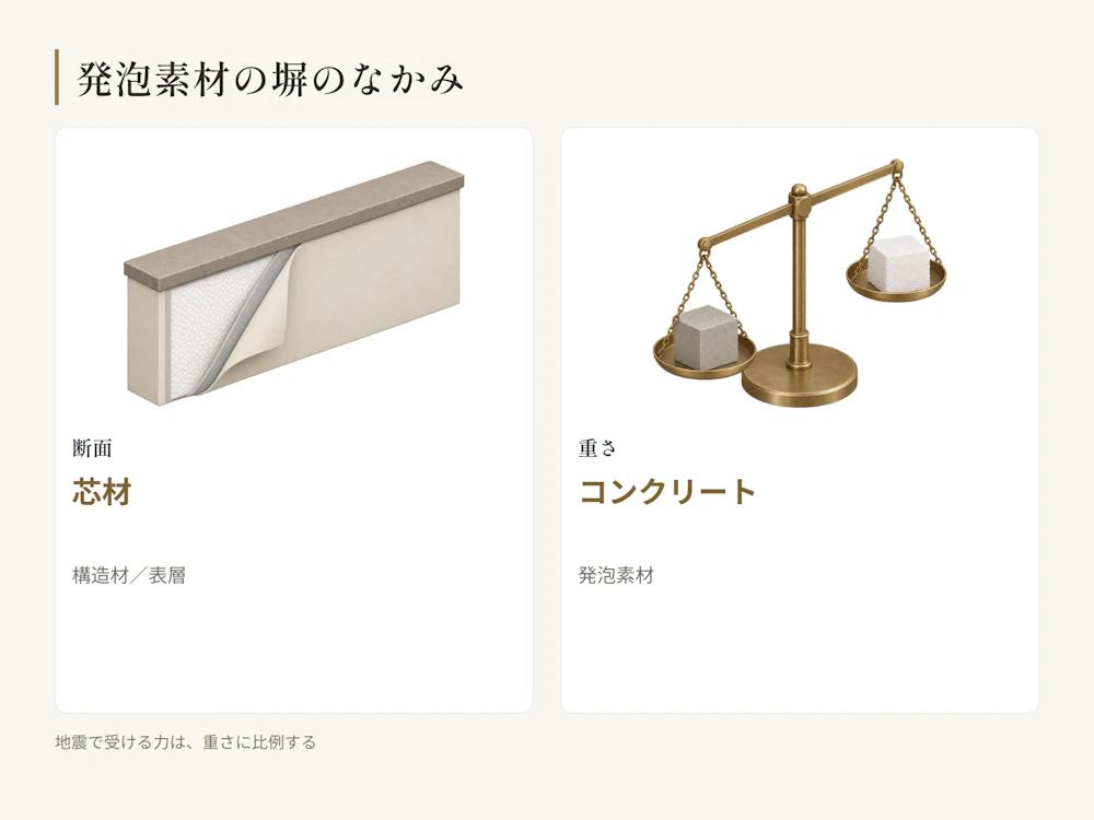芯材だけでなく、構造材・表層までが一体。重さが違えば地震で受ける力も変わる。