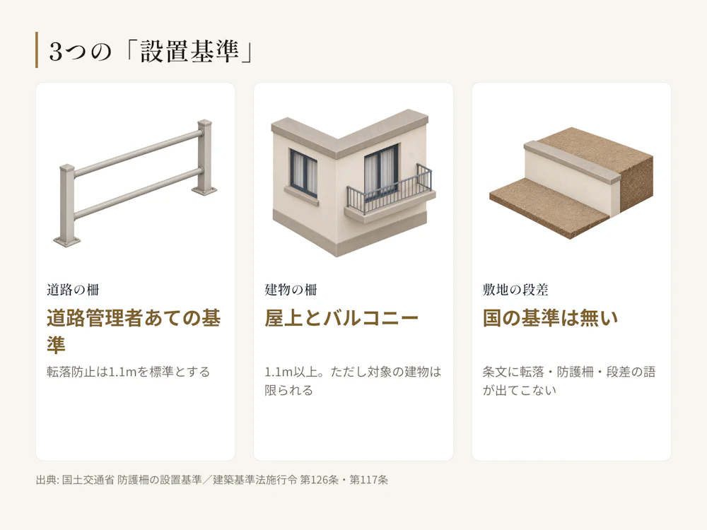 同じ「設置基準」でも、道路の柵・建物の柵・敷地の段差で別の決まりが動く。