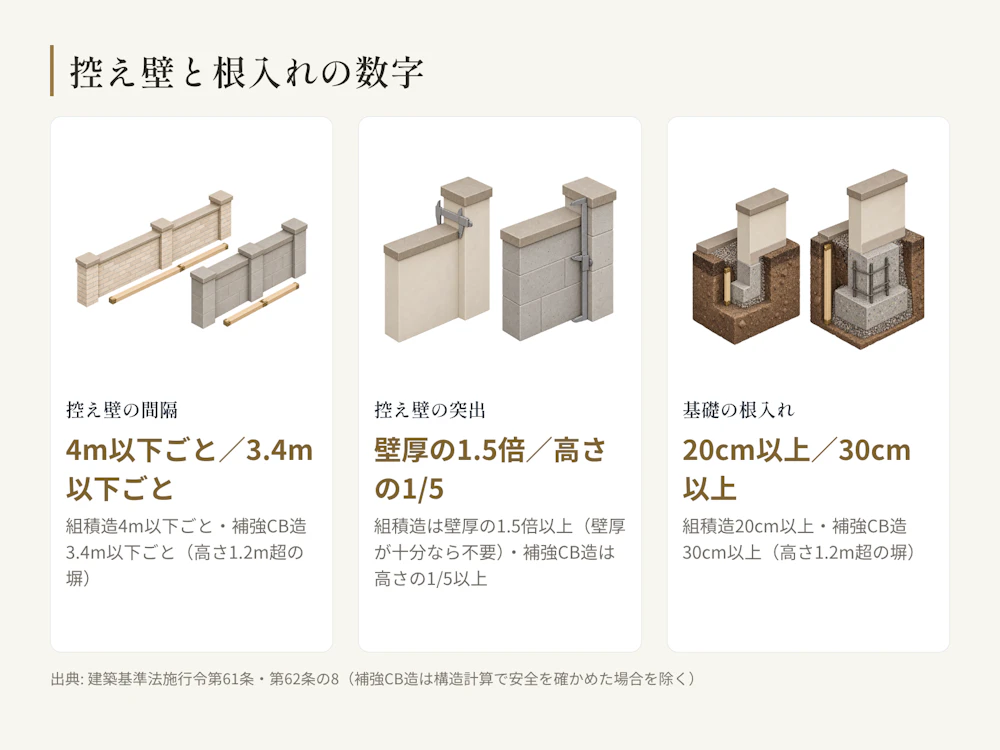 控え壁の間隔・突き出しと基礎の根入れは、組積造と補強コンクリートブロック造で数字が違う。補強コンクリートブロック造の控え壁と根入れは高さ1.2m超の塀に求められ(構造計算で安全を確かめた場合を除く)、組積造の控え壁は壁厚が十分なら要らない。高さの上限は別図のとおり。