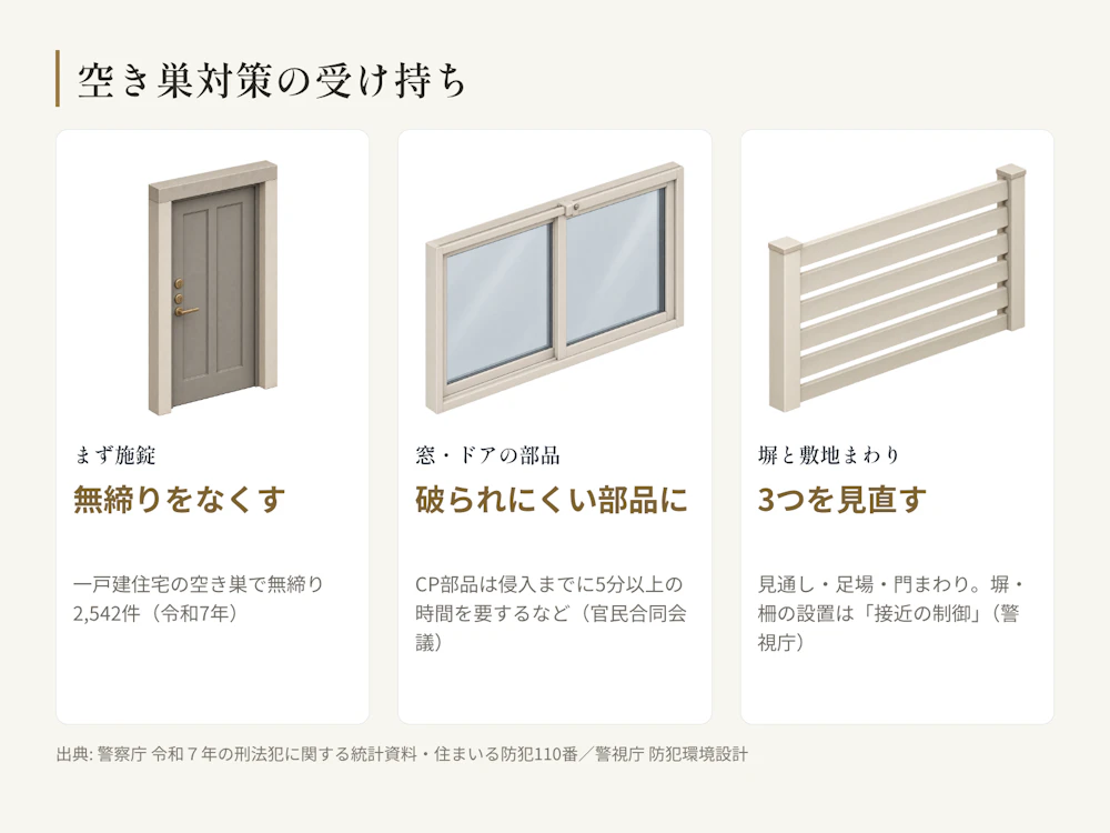空き巣対策の受け持ち。まず施錠（一戸建住宅の空き巣で無締り2,542件）。そのうえで、窓・ドアの部品（CP部品は侵入までに5分以上の時間を要するなどの性能）と、塀と敷地まわり（見通し・足場・門まわり）を組み合わせる。件数は令和7年、警察庁の統計資料。