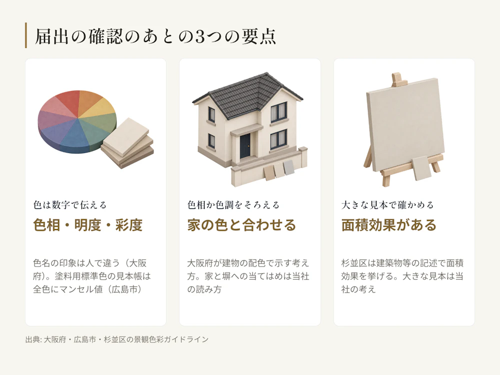 届出の確認のあとに塀の色を決める3つの要点(当社の整理)。色は色相・明度・彩度のマンセル値や見本帳の番号で伝える。家とは、大阪府のガイドラインが建物の配色で示す「色相をそろえる」「色調をそろえる」で合わせる(家と塀に当てはめるのは当社の読み方)。杉並区のガイドラインは、建築物等について、色彩には面積効果があり、色面が大きくなると派手な色や暗い色はその特徴がより顕著に表れるとしている。見本はなるべく大きく、仕上げに近いもので確かめる(当社の考え)。