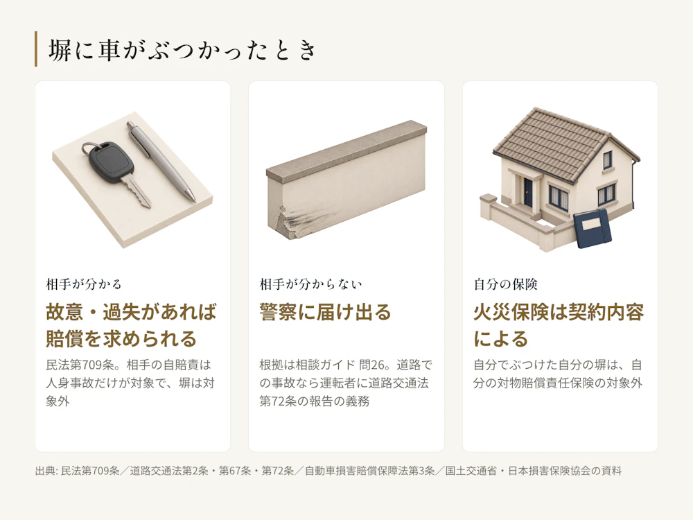 塀に車がぶつかったときの3つの場面。ぶつけた人が分かるときは、故意又は過失があればその人に賠償を求められる(民法第709条)。自賠責保険・共済は人身事故による損害だけが対象で、塀の損害は対象外。ぶつけた人が分からないときは、警察に届け出る(日本損害保険協会の相談ガイド 問26)。道路での事故なら、ぶつけた運転者には道路交通法第72条第1項の報告の義務がある。自分の火災保険が使えるかは契約内容による。自分でぶつけた自分の塀は、自分の対物賠償責任保険の対象外。
