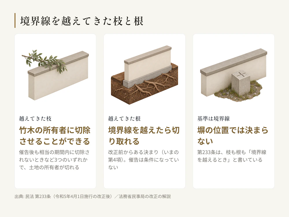 隣の木の枝と根が境界線を越えてきたときの民法第233条の要点。枝は竹木の所有者に切除させることができ、催告しても竹木の所有者が相当の期間内に切除しないときなど3つの場合のいずれかでは、土地の所有者が切り取れる。根は切り取ることができる。越えたかどうかの基準は塀ではなく境界線。