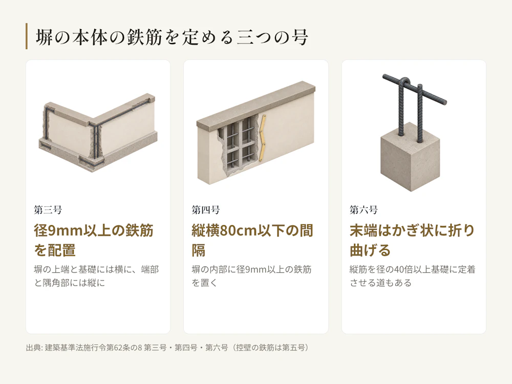 塀の鉄筋は第三号と第四号(内部は縦横80cm以下の間隔)、その末端の定着は第六号。控壁(高さ1.2m超の塀)にも径9mm以上の鉄筋を求めるのが第五号。