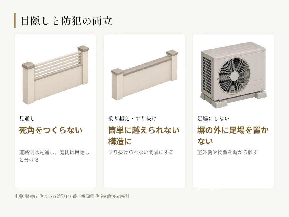 見通し・乗り越え・すり抜け・足場の4条件で塀・柵・垣を考える。高さの数値は官庁も示していない。