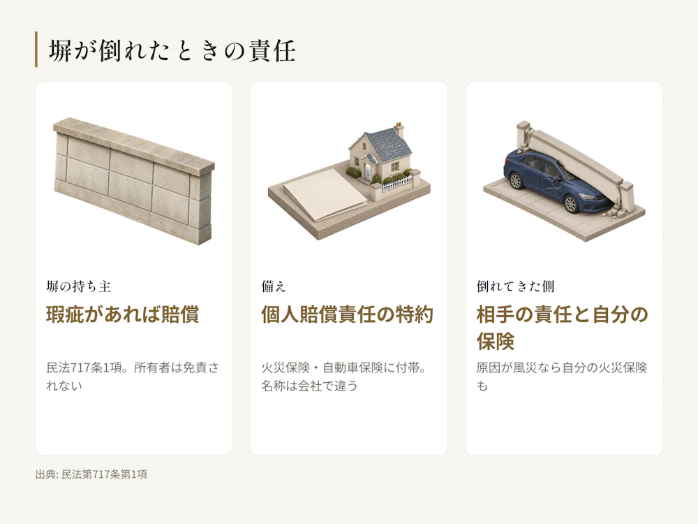設置または保存に瑕疵があれば占有者・所有者が賠償する(民法717条)。備えは個人賠償責任の特約。倒れてきた側は相手の責任と自分の火災保険を確かめる。