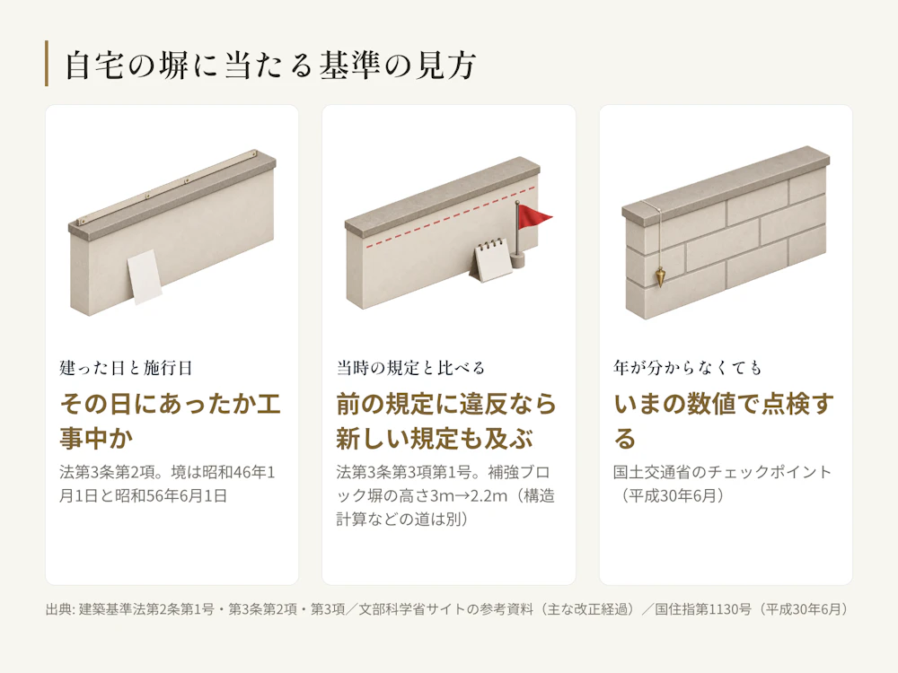 自宅の塀に当たる基準の見方。建物に附属する塀で、規定の施行の日に既にあったか工事中だったものには、合っていなくても新しい規定が適用されない(建築基準法第3条第2項)。前の規定に違反していた塀など、同条第3項の各号に当たる塀は外れる。建った年が分からなくても、いまの条文の数値で点検する。