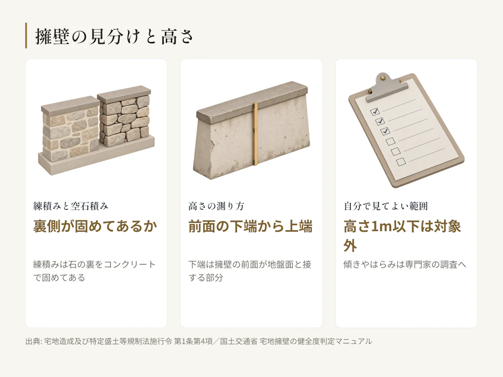 練積みと空石積みは裏側で見分ける。高さは前面の下端から上端まで。自分で見てよい範囲には線がある。