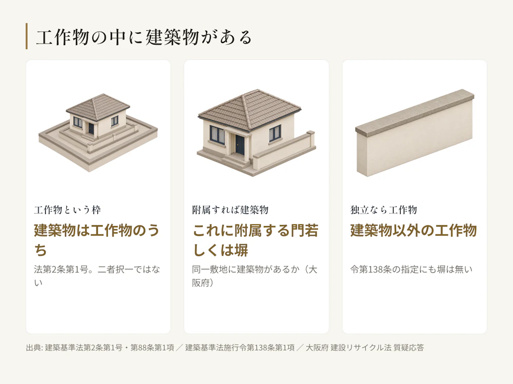 工作物という枠の中に建築物がある。塀は建物に附属すれば建築物、独立していれば工作物のまま。