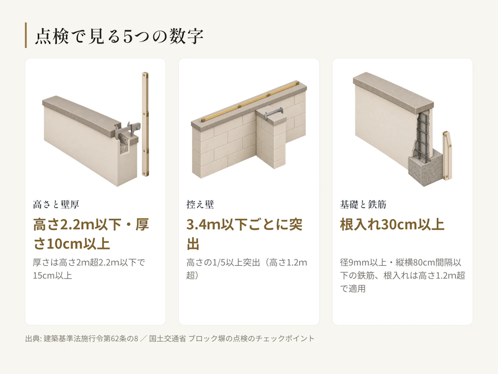 見るのは高さ・壁厚・控え壁・基礎・鉄筋の5点。補強コンクリートブロック造は高さ2.2ｍ以下・厚さ10cm以上・控え壁3.4ｍ以下ごとに1/5以上突出・根入れ30cm以上が目安になる。