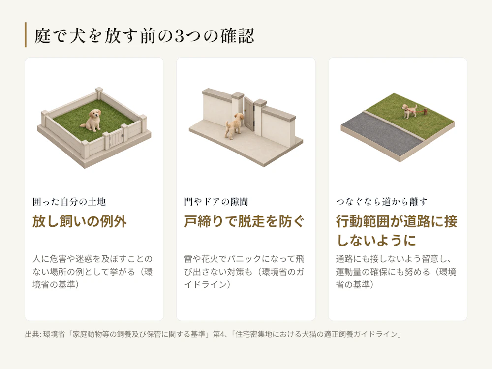 庭で犬を放す前の3つの確認。環境省の基準は、さく等で囲まれた自己の所有地など、人に危害や迷惑を及ぼすことのない場所で飼う場合を除き、犬の放し飼いを行わないこととし、つないだ犬の行動範囲が道路又は通路に接しないよう留意することを求めている。環境省のガイドラインは、庭で飼う犬がドアや門の隙間などから脱走しないよう、戸締りに注意することを挙げている。