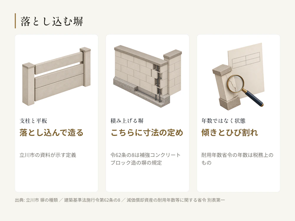 万年塀は支柱に平板を落とし込む塀で、施行令が高さと控え壁を定めるブロック塀とは別枠にあり、公的な寿命の数値も無い。
