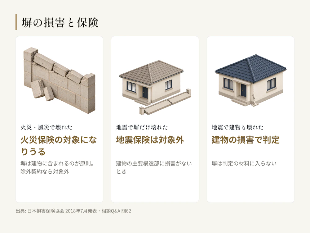 火災や風災なら火災保険の「建物」として対象になりうる。地震で塀だけが壊れたときは地震保険の対象外。いずれも契約内容による。