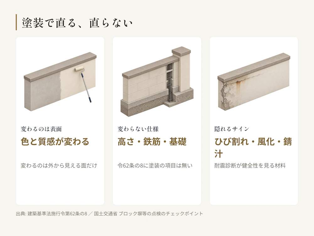 塗装で変わるのは表面の色と質感で、法が塀に定める仕様は変わらず、点検で見るサインは塗膜の下に隠れる。