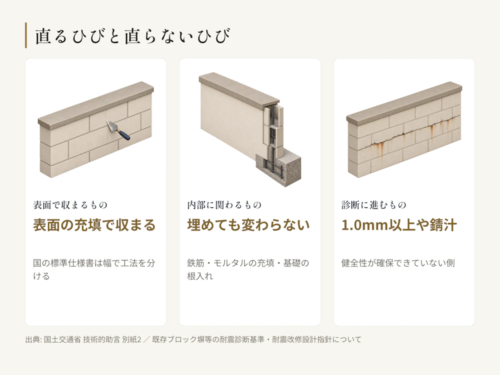 塀のひび割れは、表面の充填で収まるものと、内部の仕様に関わって埋めても変わらないものに分かれる。