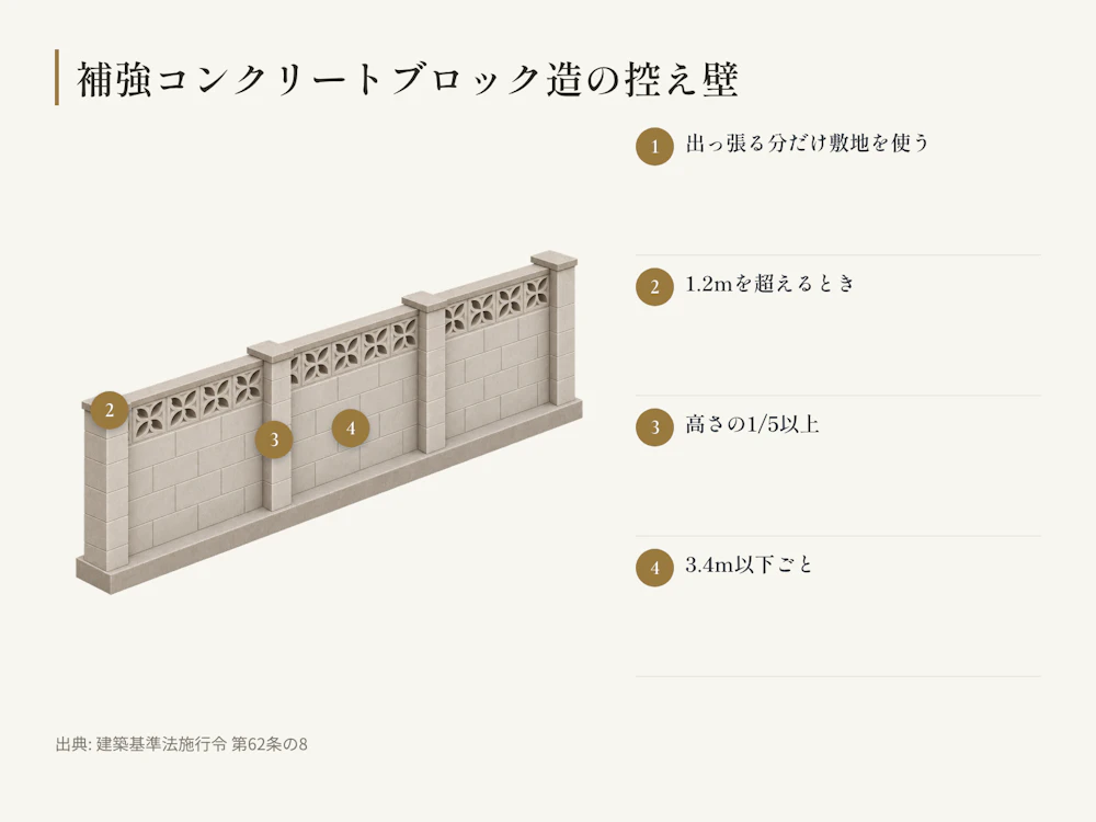 補強コンクリートブロック造の塀は、高さ1.2mを超えると控え壁が要る。3.4m以下ごとに高さの1/5以上突き出し、その分だけ敷地を使う。