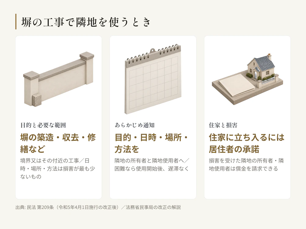 塀の工事で隣地を使うときの民法第209条の要点。土地の所有者は、境界又はその付近の工事で、必要な範囲内なら使える。原則として使う前に目的・日時・場所・方法を隣地の所有者と隣地使用者に通知し、住家に立ち入るには居住者の承諾が要る。