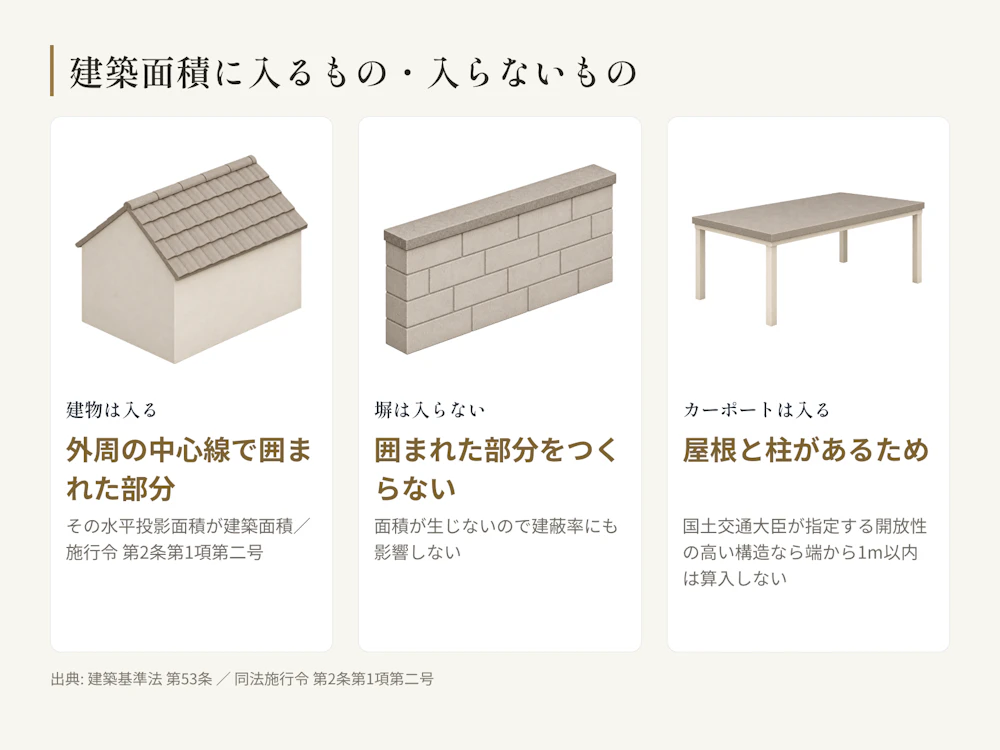 建築面積に入るものと入らないもの。建物とカーポートは入り、塀は囲まれた部分をつくらないため入らない。