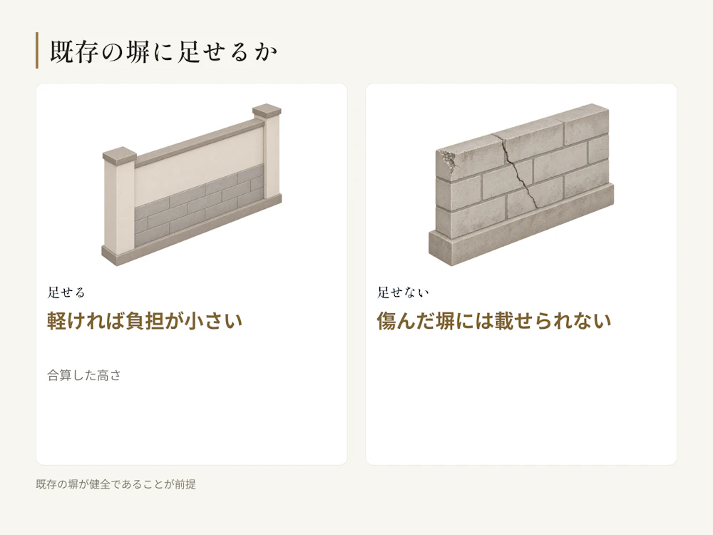 既存の塀が健全なら足せる。傷んでいれば、上に載せる前に撤去の話になる。