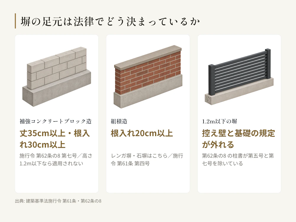 塀の基礎の決まり。補強コンクリートブロック造と組積造で根拠条文と数字が違い、高さ1.2m以下では一部が外れる。