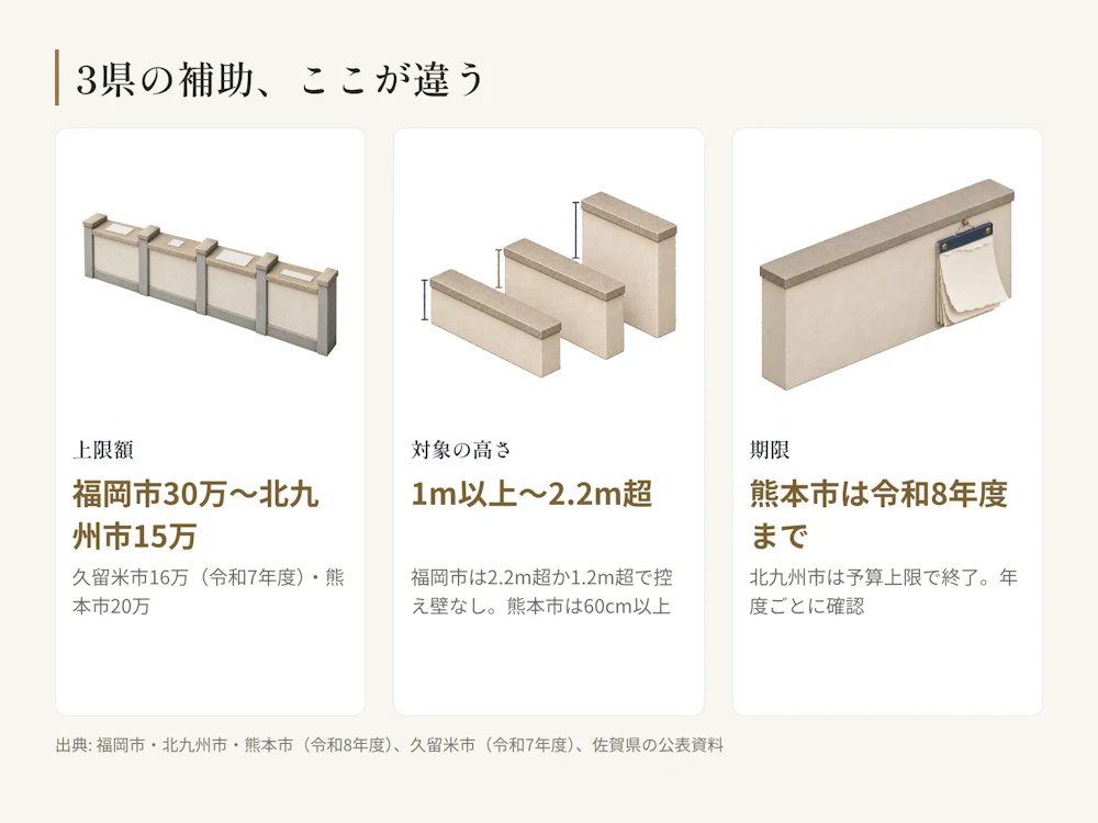 骨格は同じ(撤去のみ・道路沿いの危険な塀・撤去費の1/2〜2/3)。違うのは上限額と対象の高さと期限。令和8年度の各市の公表値(久留米市は令和7年度)。