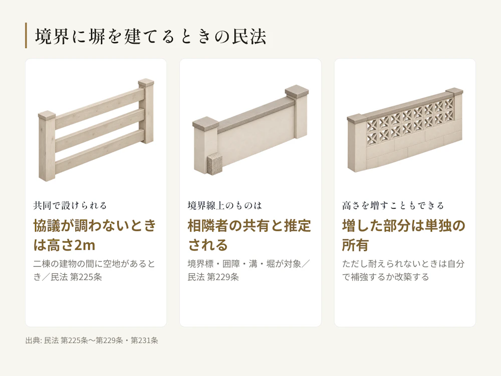 境界に塀を建てるときの民法の定め。共同での設置、境界線上のものの共有推定、あとから高さを増すときの扱い。