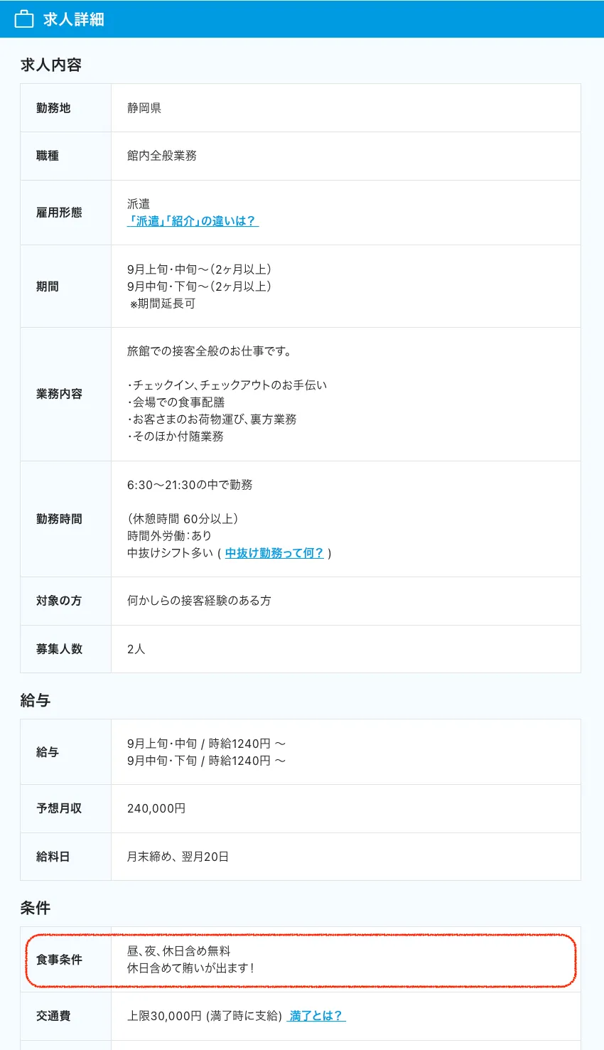食事条件についての記載例1